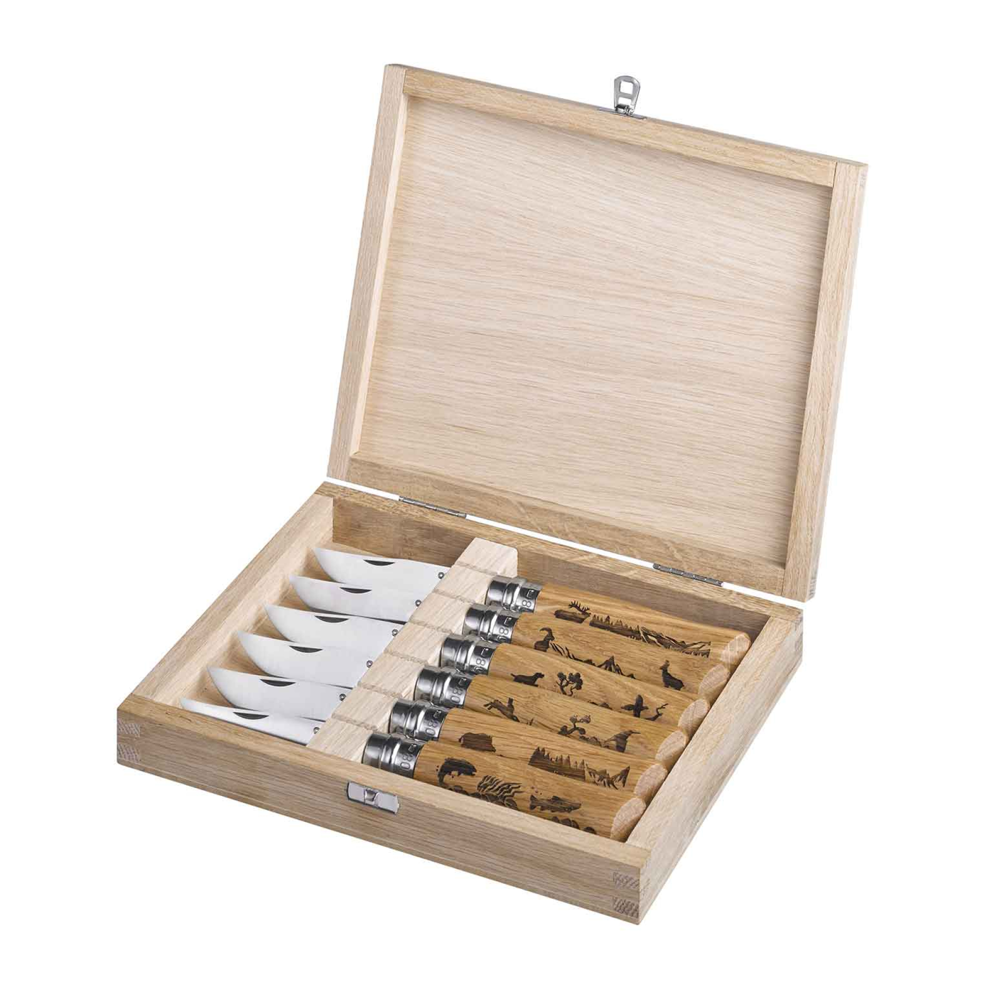 Opinel - Box mit 6 Taschenmessern Nr. 08 Animalia - Fisch Wildschwein Hase Hund Gams Hirsch - 8,5 cm Klinge rostfreiem Stahl - Griff aus Eichenholz