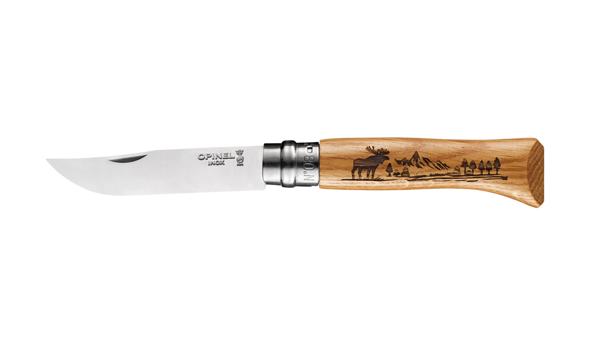 Opinel - Pocket Knife N°08 Animalia America Elk - Customisable - Stainless steel blade 8.5 cm - Engraved oak wood handle - Made in France