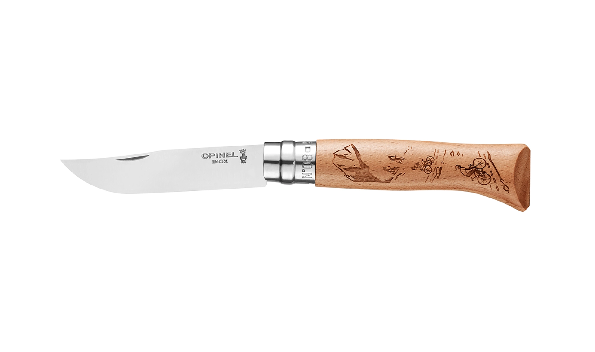Opinel - Pocket Knife N°08 Engraved Biking - Customisable - Stainless steel blade 8.5 cm - Beechwood handle - Sport Engraving - Made in France