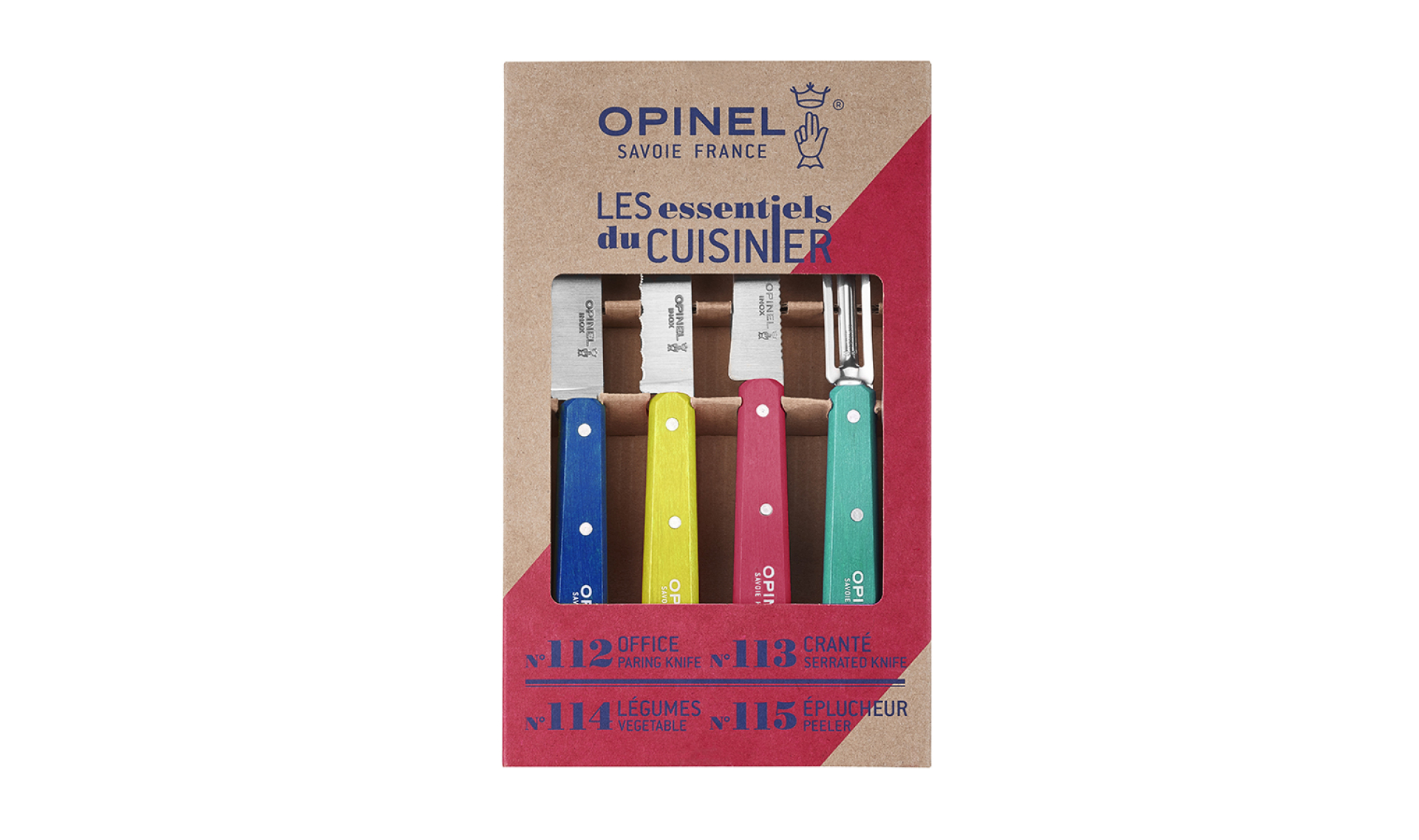 Opinel - Boxed set of 4 Les Essentiels du Cuisinier Pop80 kitchen knives - Paring, Notched, Vegetable, Peeler - Stainless steel blade - European 