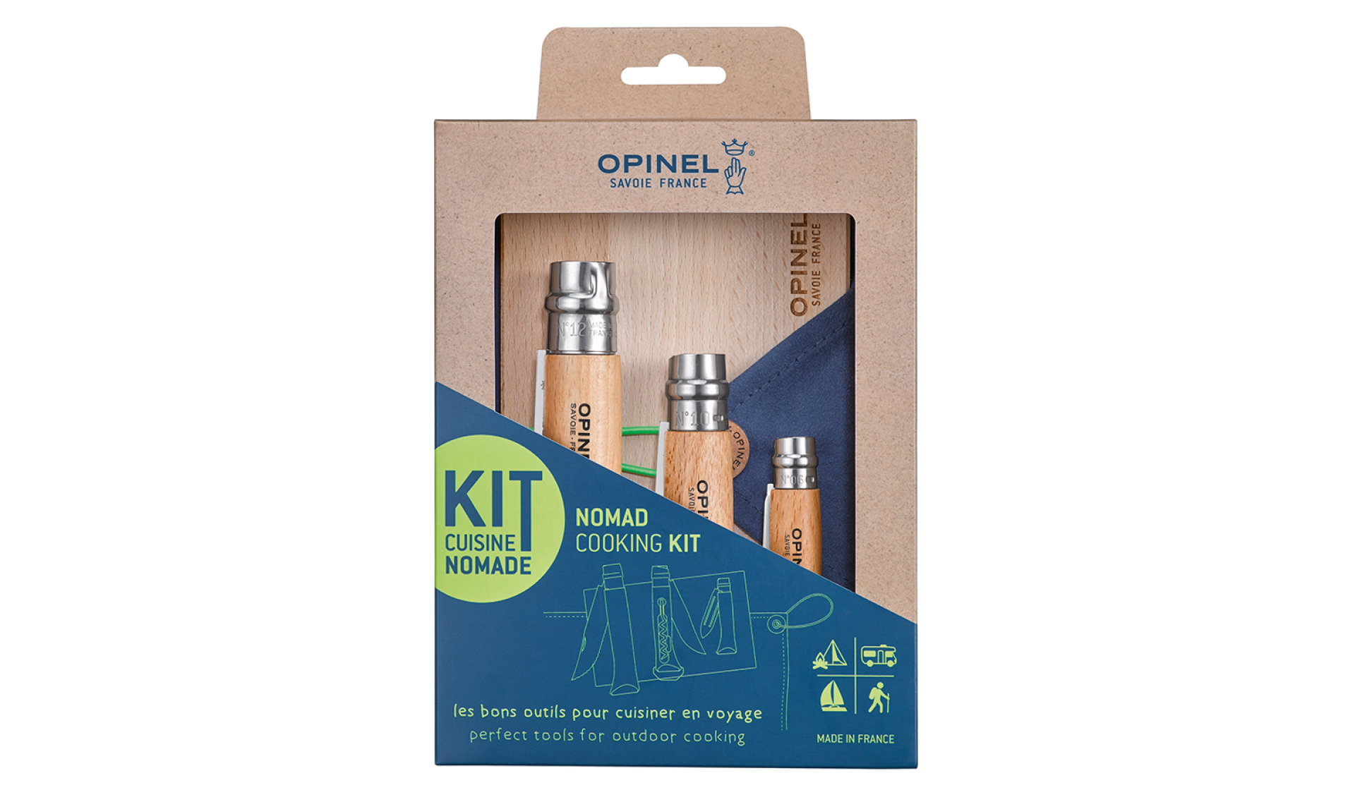 Opinel - Nomad Cooking Kit with N°10 Corkscrew Bottle Opener Knife - N°12 Serrated Knife - N°06 Pocket Peeler - Chopping Board - Made in France