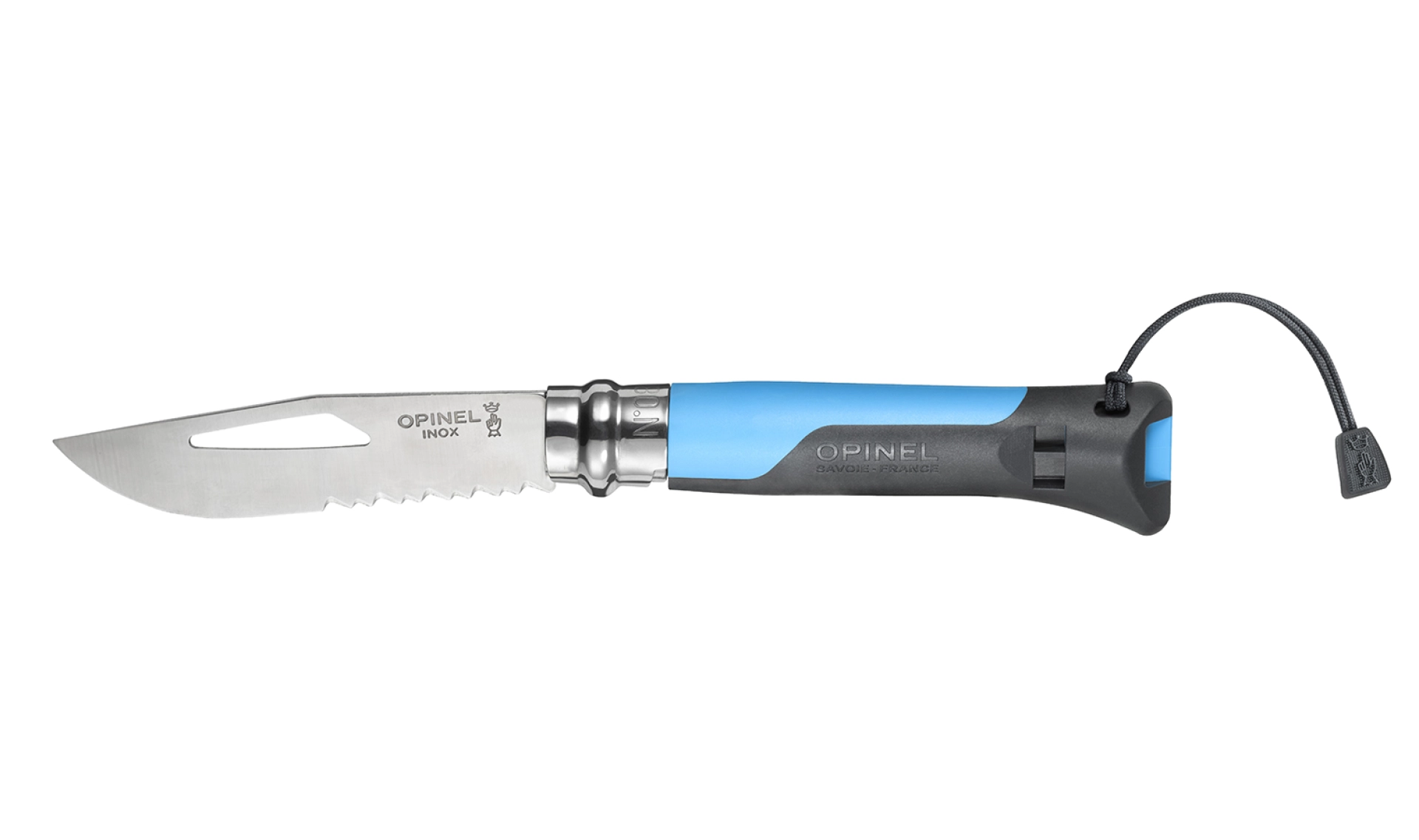 Opinel - Taschenmesser N°08 Outdoor Blau - Personalisierbar - Klinge aus rostfreiem Stahl 8,5 cm glatt gezahnt - Pfeife - Made in France