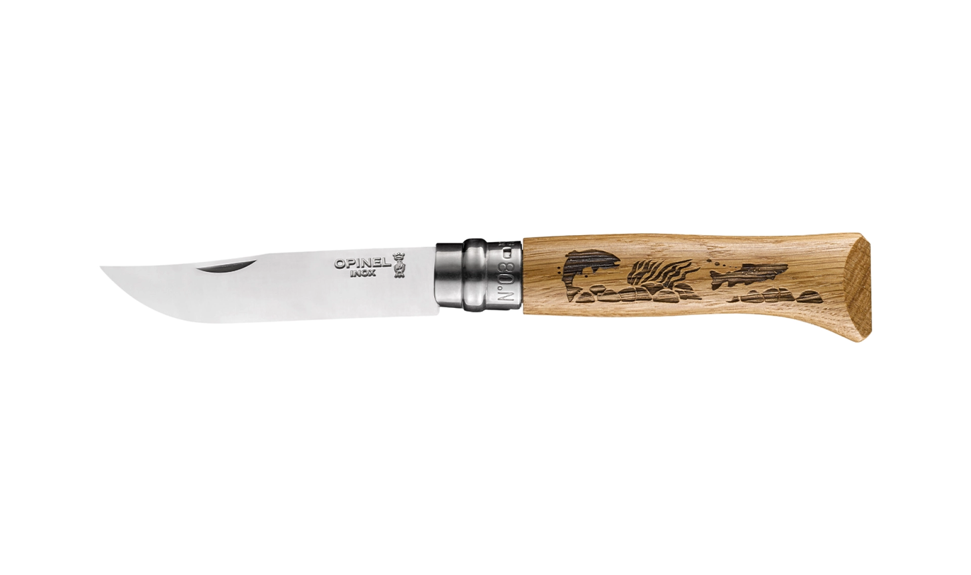 Opinel - Pocket Knife N°08 Animalia Fish - Customisable - Stainless steel blade 8.5 cm - Engraved oak wood handle - Made in France