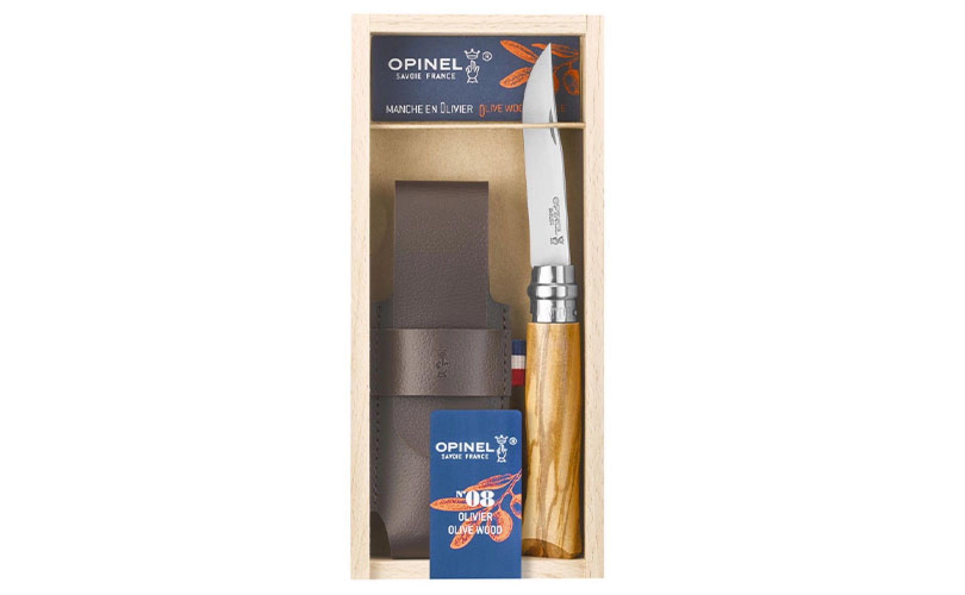 Opinel - Pocket Knife N°08 Olivier + Sheath - Customisable - Stainless steel blade 8.5 cm - Wooden handle - Made in France