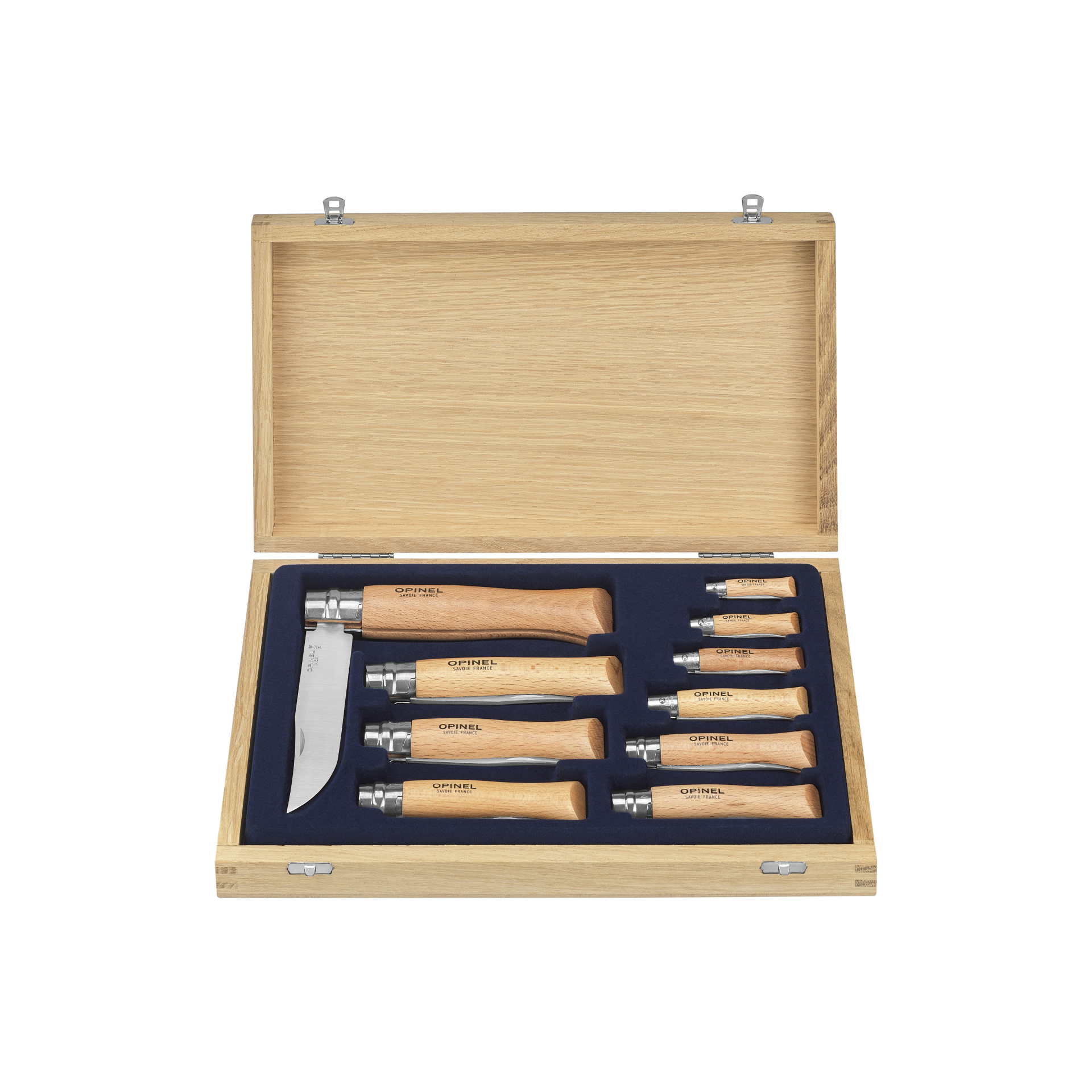 Opinel Essentials, keukenmessen, 4-delig, roestvrij, gekleurde beukenhouten handgrepen, messenset, roestvrij staal, paars/zilver/turquoise/wit, 19,5 x 2 x 1 cm, 4 stuks