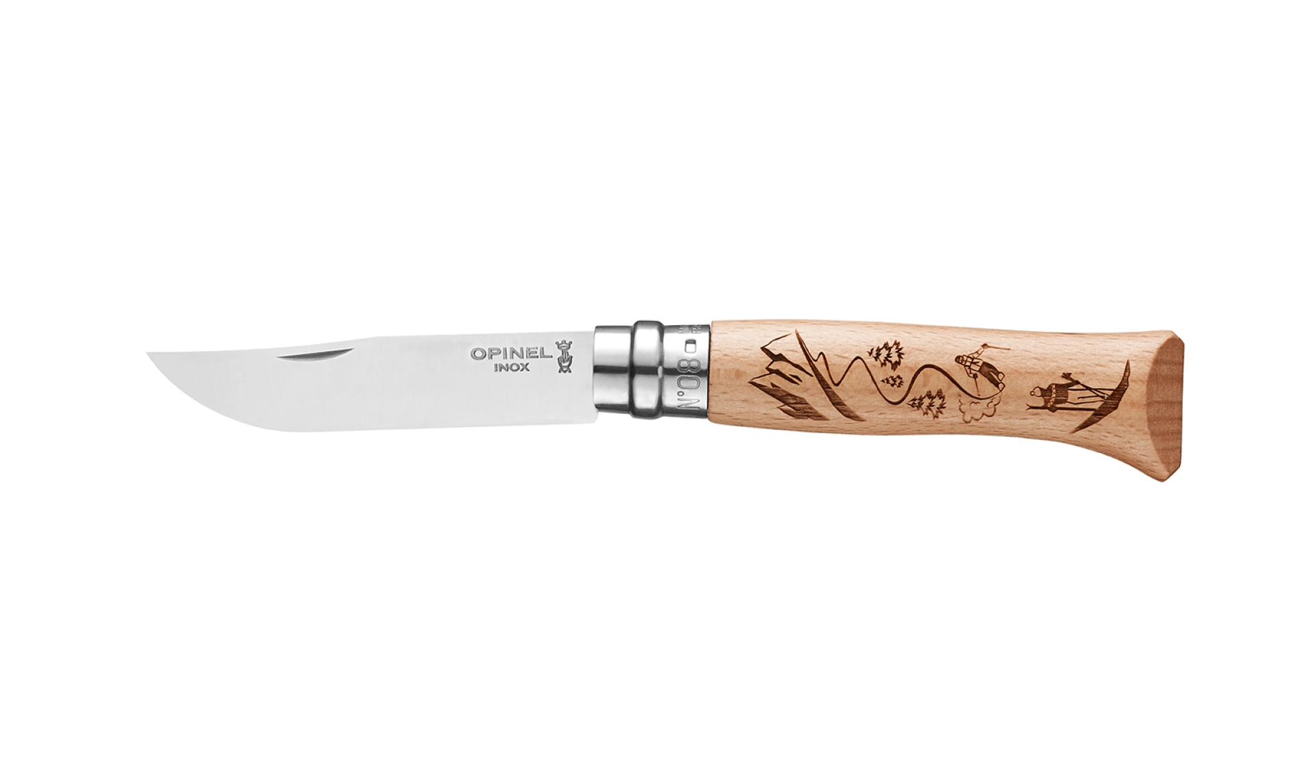 Opinel - Pocket Knife N°08 Engraved Skiing - Customisable - Stainless steel blade 8.5 cm - Beechwood handle - Sport Engraving - Made in France