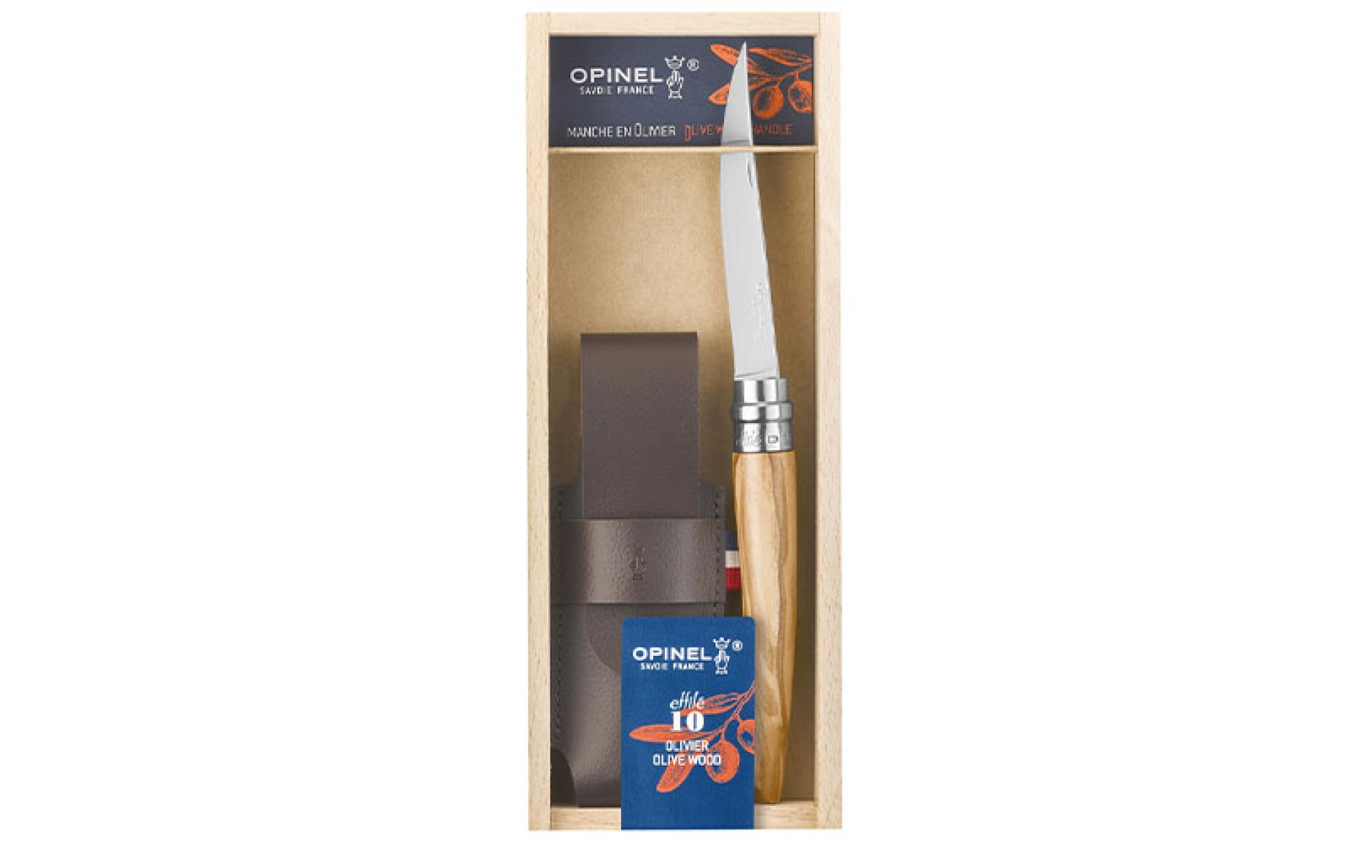 Opinel - Plumier Effiliertes Taschenmesser 10 Olivenholz + Etui - Personalisierbar - Klinge aus rostfreiem Stahl 10 cm - Holzgriff - Made in France