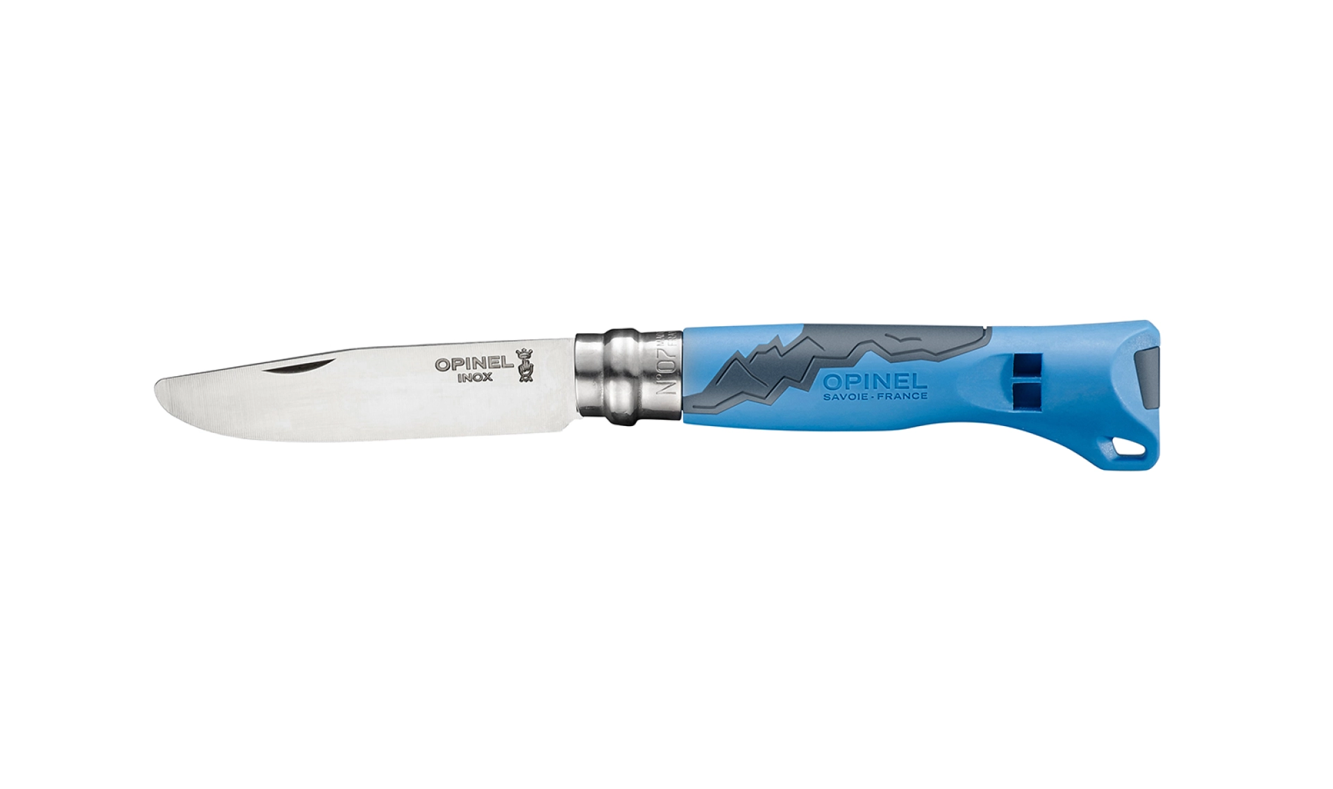 Opinel - Kindertaschenmesser N°07 Outdoor Junior Blau - Personalisierbar - Klinge mit runder Spitze 8 cm Edelstahl - Griff mit Pfeife - Made in France