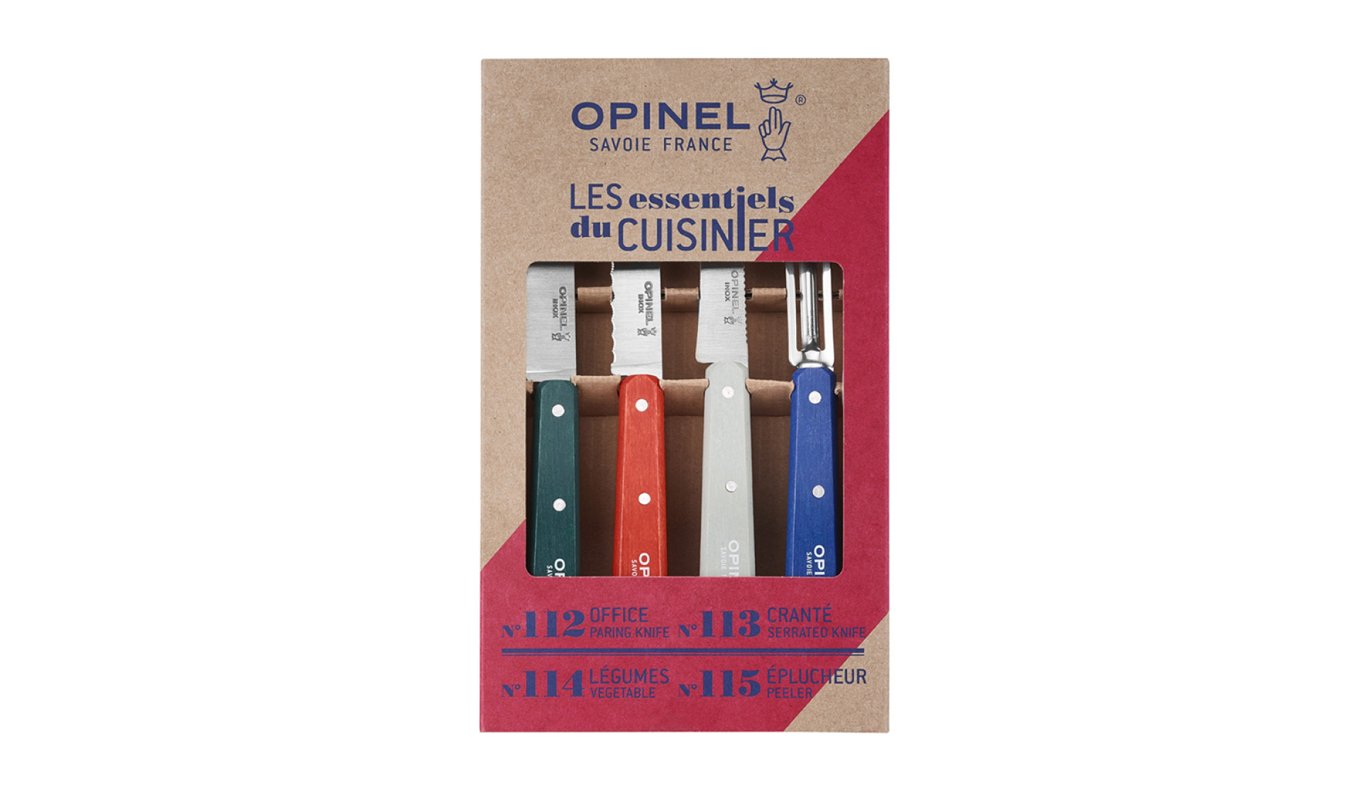 Opinel - Box mit 4 Küchenmessern Les Essentiels du Cuisinier Primo - Officemesser Grün Rillenmesser Rot Gemüsemesser Weiß Gemüseschäler Blau - Klinge 