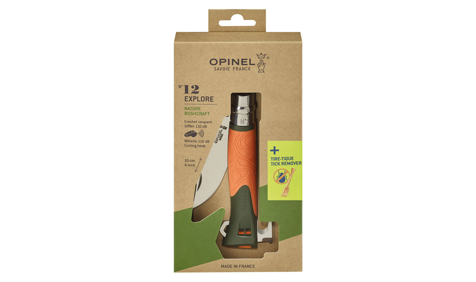 Opinel - Pocket Knife N°12 Explore Tick Remover Orange - Customisable - Stainless steel blade 10 cm - Resistant Polymer handle - Made in France