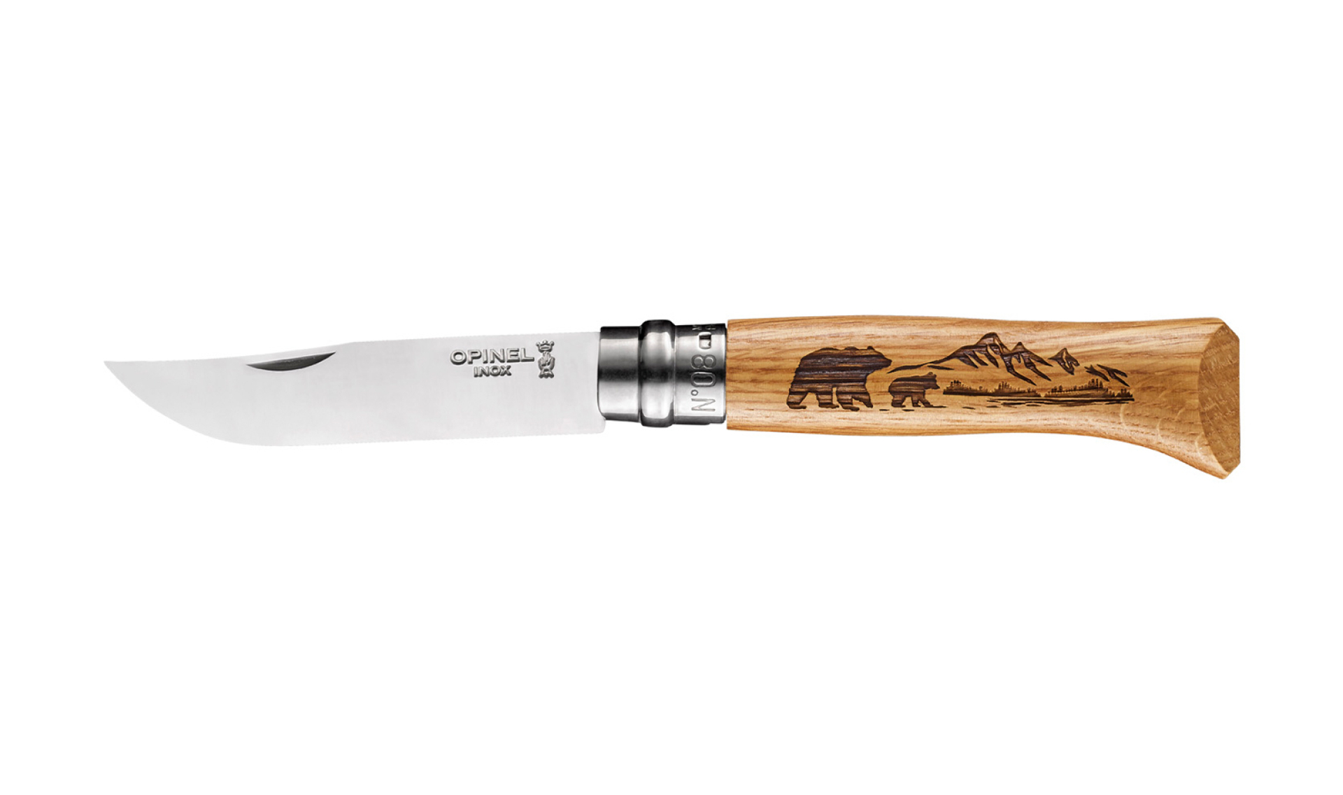 Opinel - Pocket Knife N°08 Animalia America Bear - Customisable - Stainless steel blade 8.5 cm - Engraved oak wood handle - Made in France