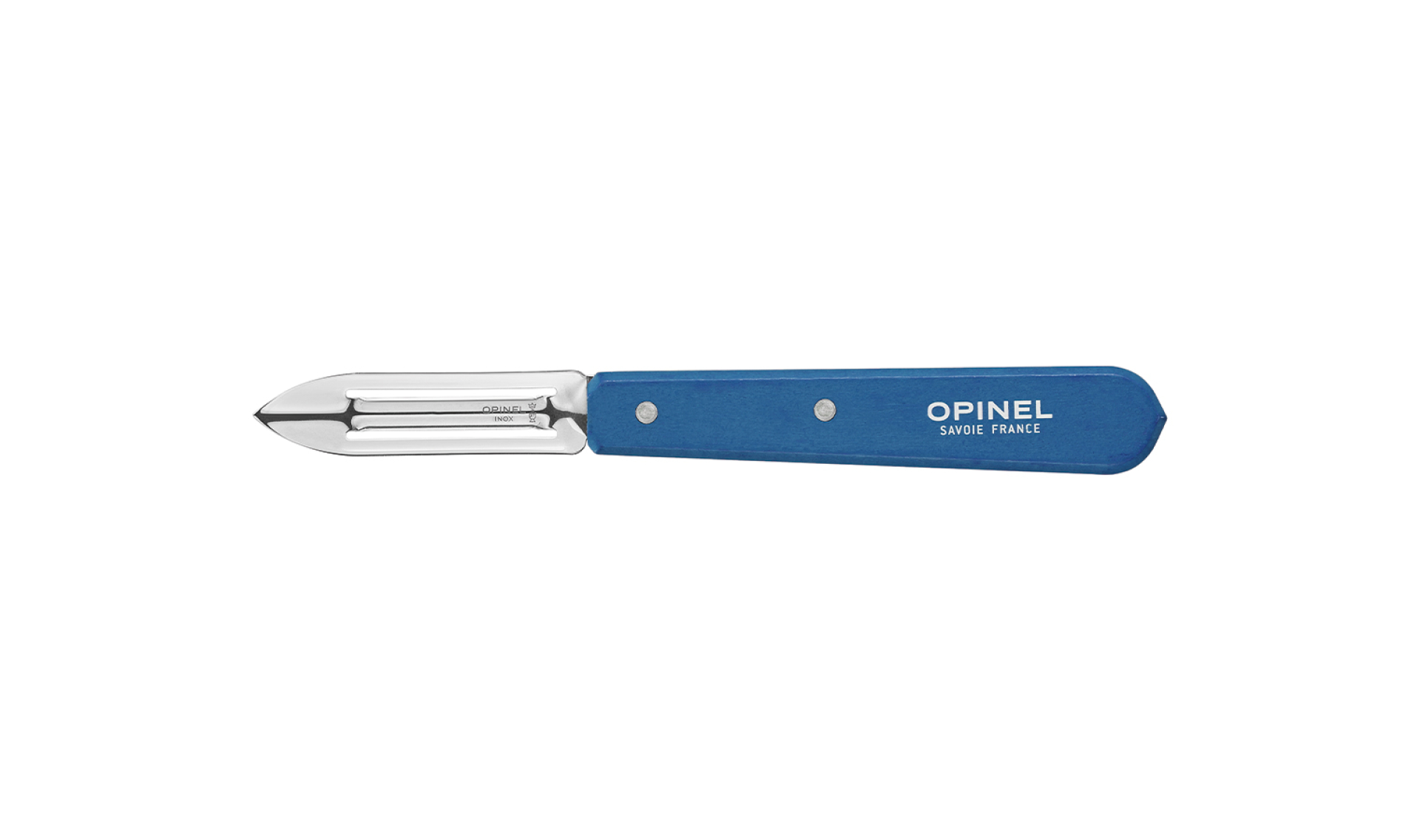 Opinel – Schäler Nr. 115 Blau Paysage – Edelstahlklinge, 6nbsp;cm – Griff aus Weißbuchenholz – Unverzichtbar zum Kochen – Sparschäler – Schneiden, 