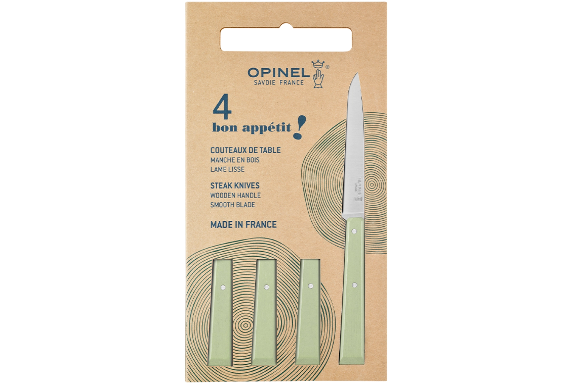 Opinel – Set mit 4 Tischmessern Nr. 125 Bon Appétit Salbeigrün – Glatte Klinge aus Edelstahl, 11 cm, für Steak – Holzgriff – Hergestellt in Frankreich