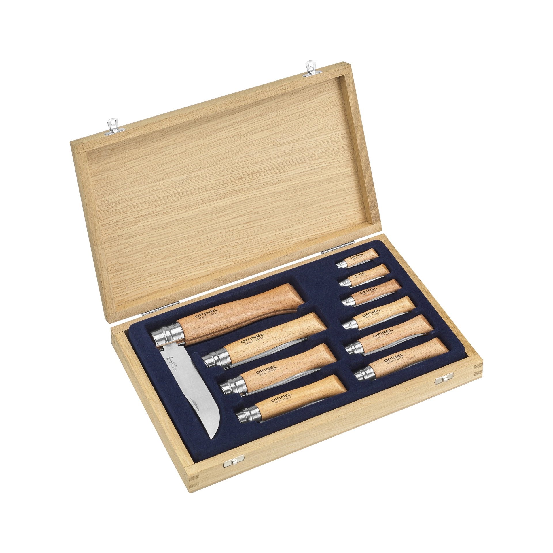 Opinel - Collection 10 Stainless Steel Knives - N°02 03 04 05 06 07 08 09 10 12 - Stainless Steel Blade - Beech Wood Handle - Wooden box
