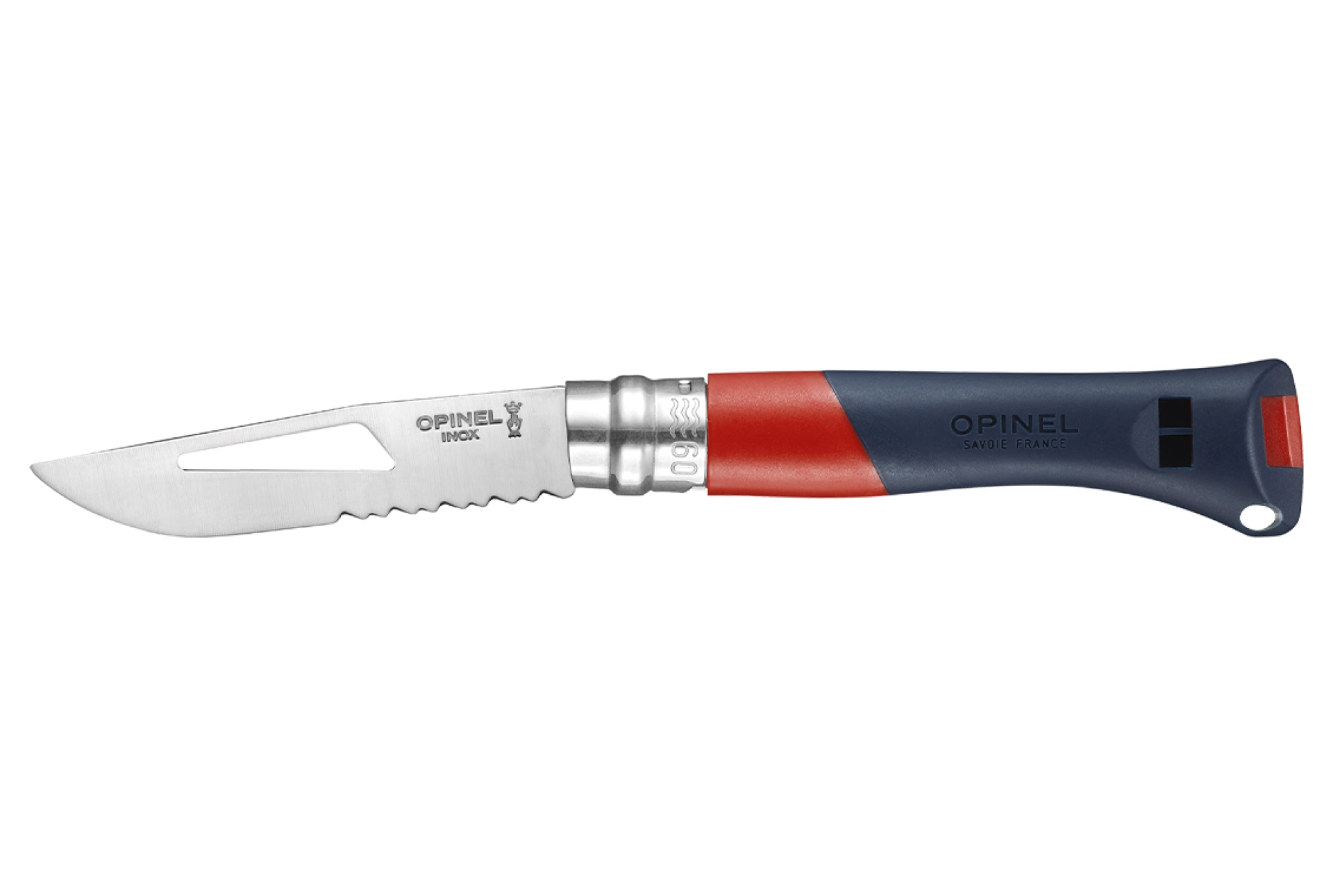 Opinel - Pocket Knife No. 09 Ocean Red - Customisable - 9 cm stainless steel serrated blade - Outdoor Multisport - Whistle and shackle key- Made in 