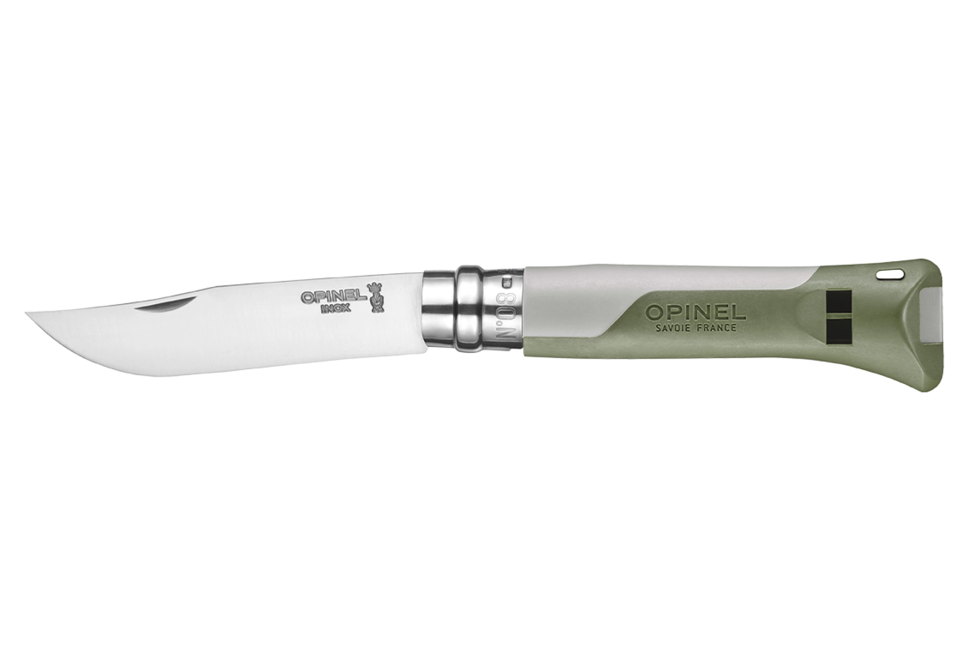 Opinel – Taschenmesser N°08 Horizon Khaki – Personalisierbar – Klinge aus rostfreiem Stahl 8 cm – Outdoor Multisport – Pfeife – Made in France