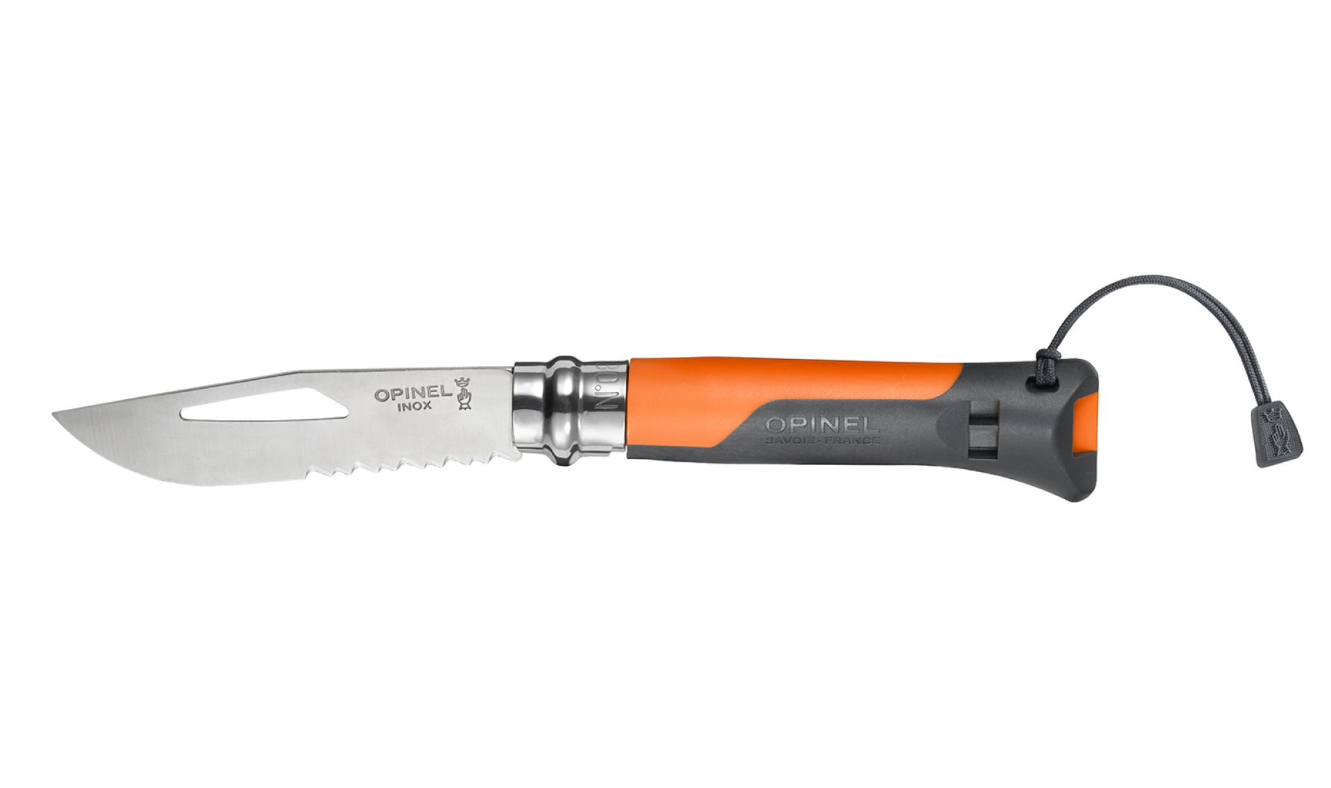 Opinel - Taschenmesser N°08 Outdoor Orange - Personalisierbar - Klinge aus rostfreiem Stahl 8,5 cm glatt gezahnt - Pfeife - Made in France