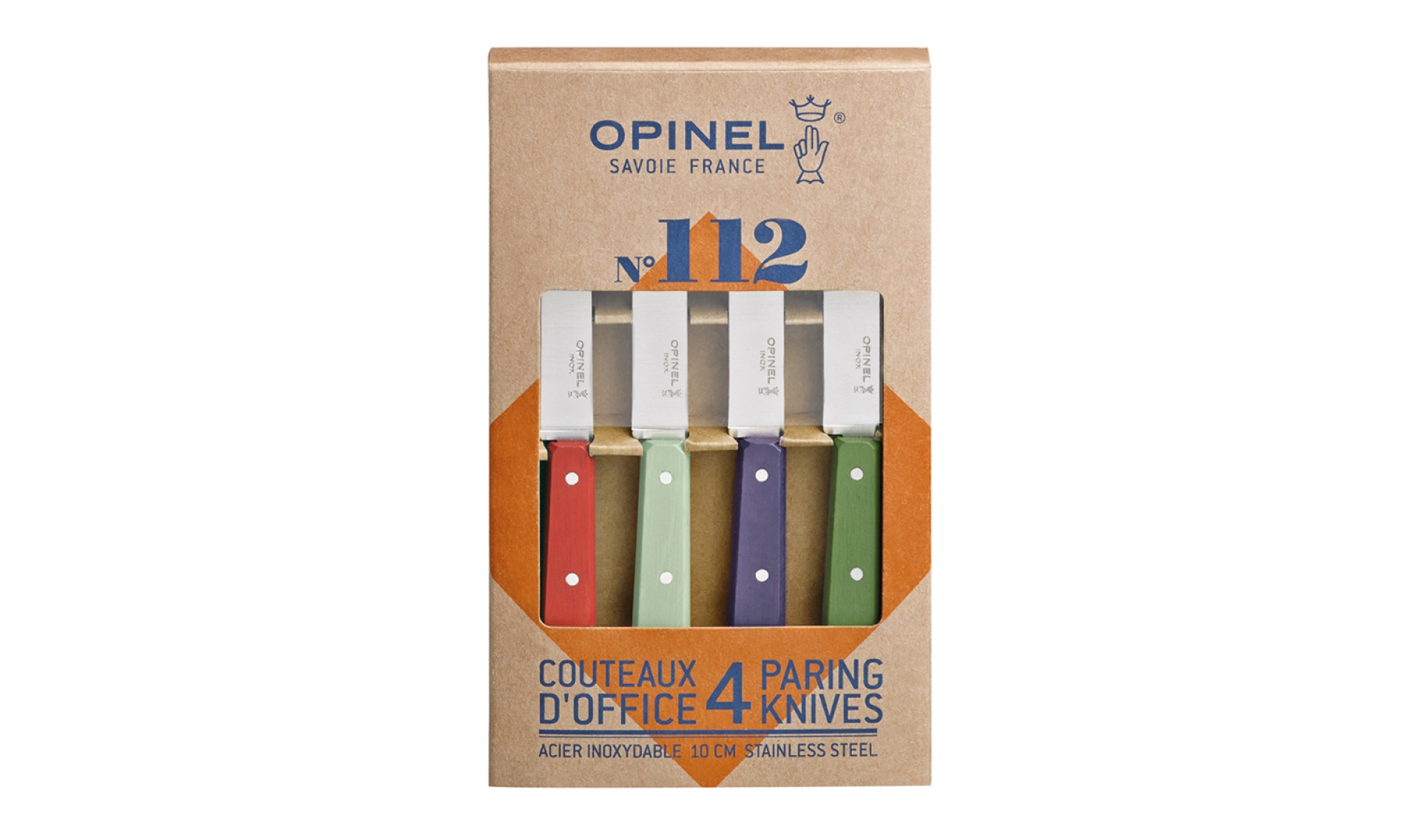Opinel – Set mit 4 Küchenmessern N°112 Paysage – Office Rot Violett Salbei Kaki – Griff Hainbuche – Glatte Klinge aus rostfreiem Stahl 10nbsp;cm