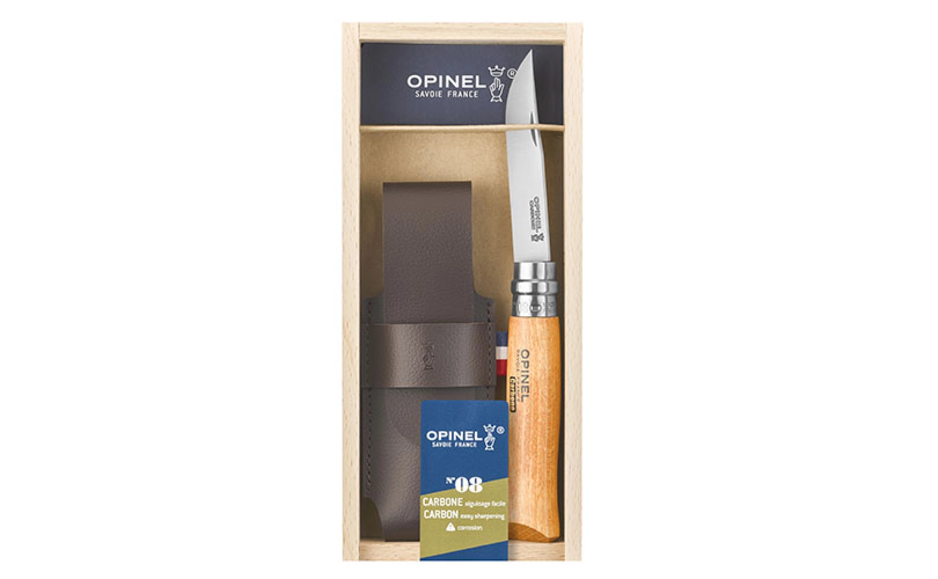 Opinel - Federhalter N°08 Carbon + Etui - Taschenmesser - Personalisierbar - Klinge aus Kohlenstoffstahl 8,5 cm - Griff Buchenholz - Made in France