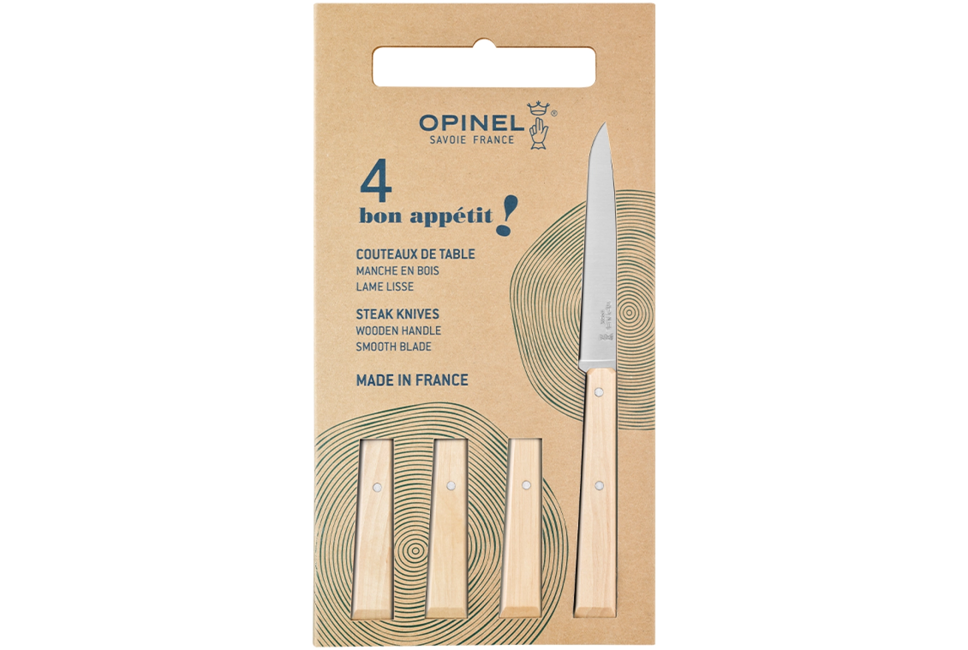 Opinel – Set mit 4 Tischmessern Nr. 125 Bon Appétit Hainbuche – Glatte Klinge aus Edelstahl, 11 cm, für Steak – Holzgriff – Hergestellt in Frankreich